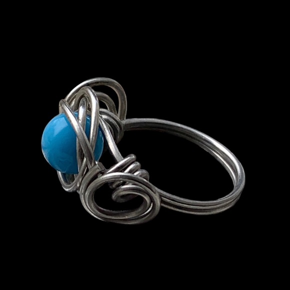 Nested Wire Wrapped Turquoise Blue Bead Ring Artesian Made Woman’s Jewelry - Picture 4 of 5